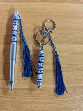 Hand Crafted Blue and White Beaded Pen and Keychain Set